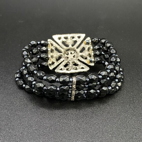 Art Deco Style Maltese Iron Cross Crystal & Plastic Bead Stretch Bracelet - Picture 2 of 5